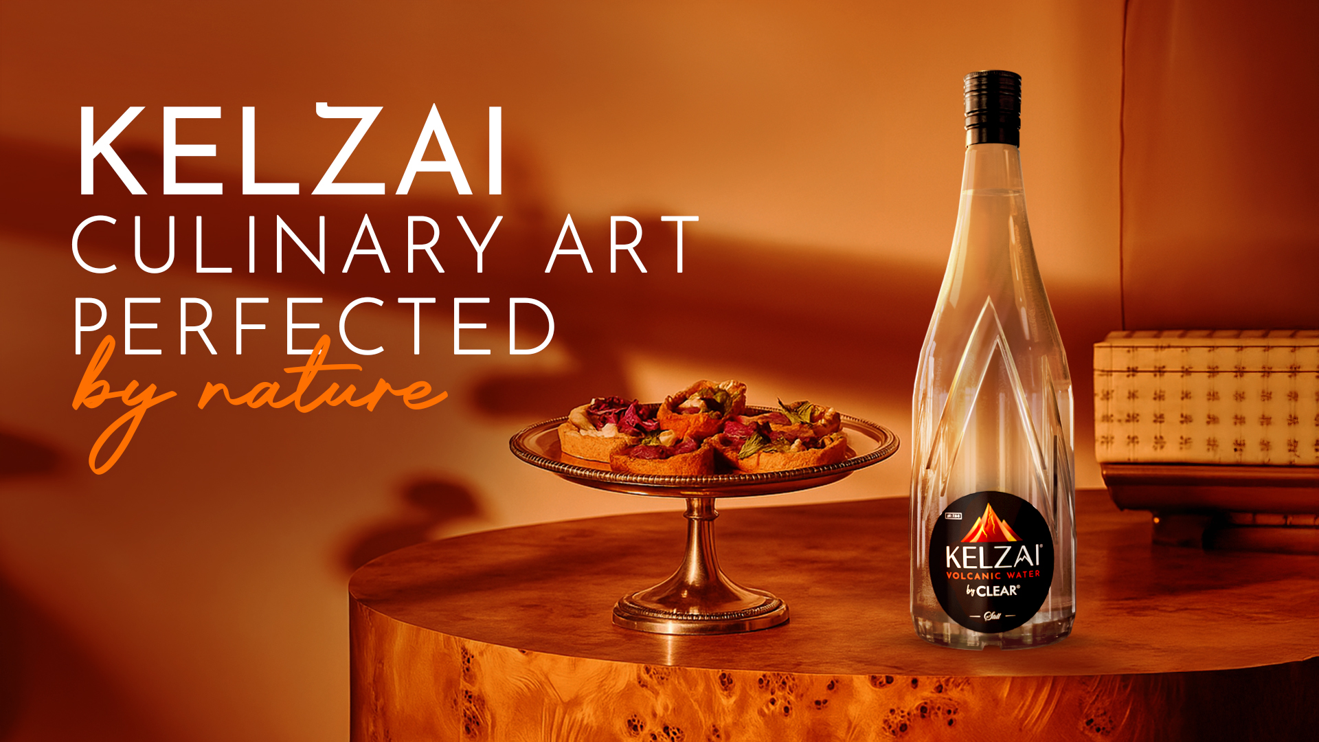 Kelzai volcanic water in premium glass bottle – naturally alkaline, mineral-rich, ideal for fine dining and culinary use.