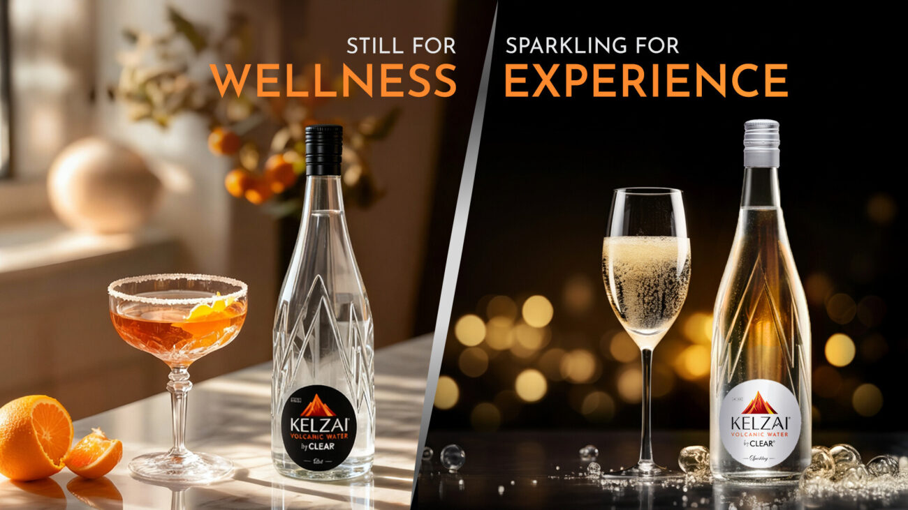 Kelzai still and sparkling water in premium glass bottles, highlighting wellness, natural minerals, and luxury hydration experience.